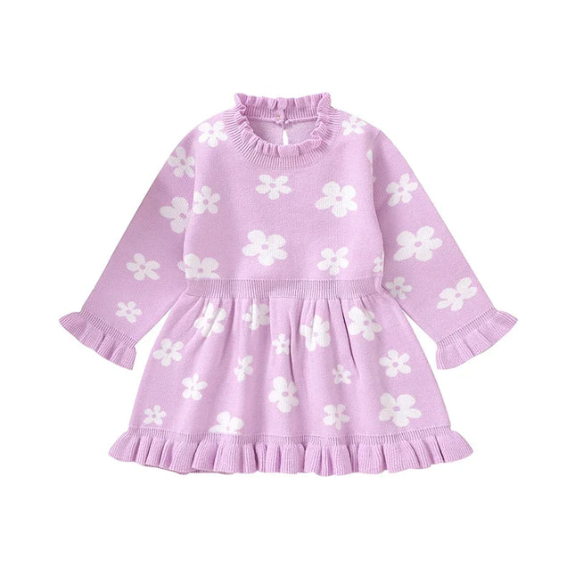 2024-06-13 Lioraitiin Toddler Kids Girl Long Sleeve Dress Casual Floral Print Ruffle Sweater A-Line Dress Baby Spring Clothes