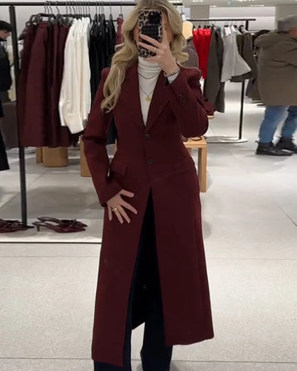 Burgundy Long Blazer Coats Women Elegant Single Breasted Long Sleeve Shoulder Pads Suits Jacket Female Spring Tailored Outwear