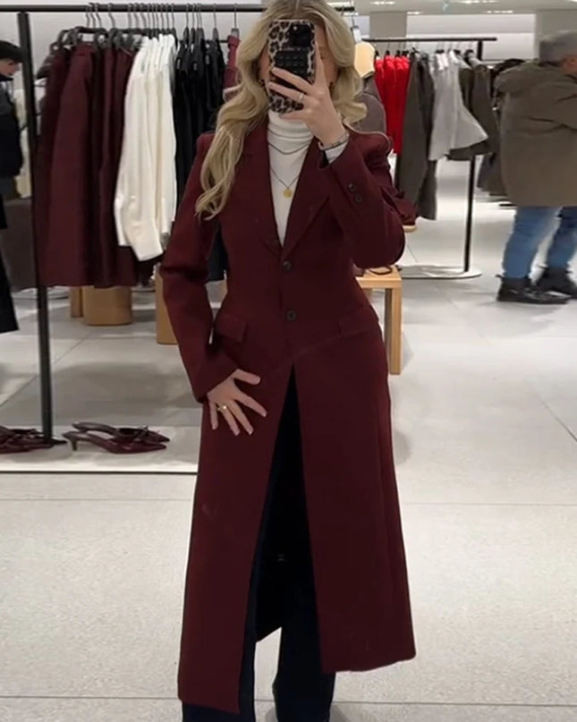 Burgundy Long Blazer Coats Women Elegant Single Breasted Long Sleeve Shoulder Pads Suits Jacket Female Spring Tailored Outwear