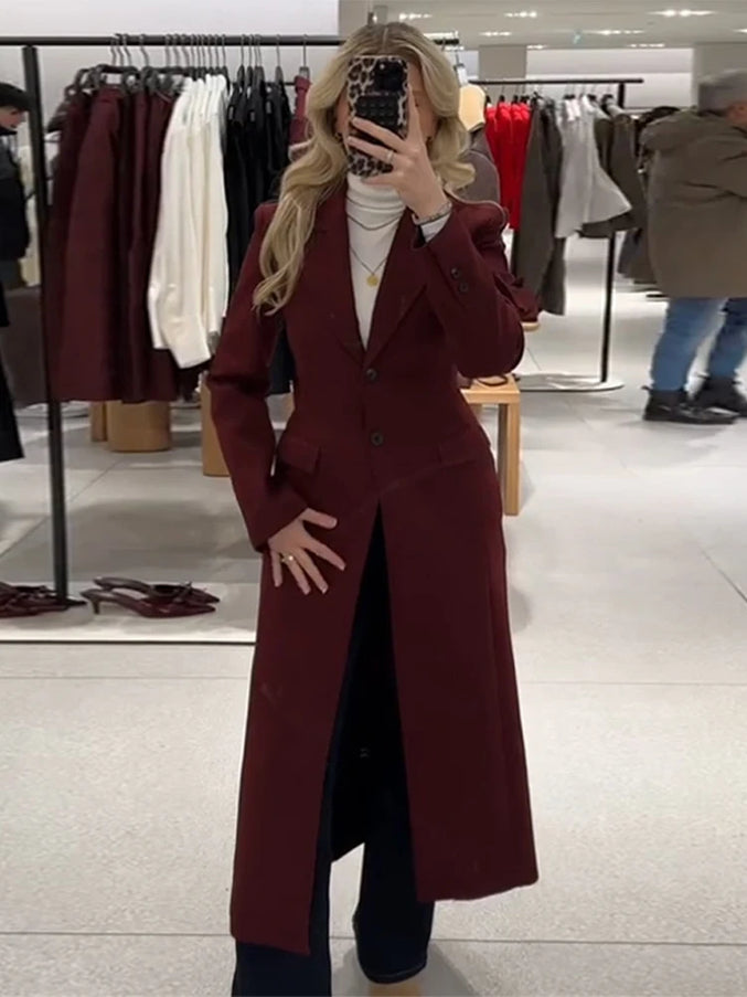 Burgundy Long Blazer Coats Women Elegant Single Breasted Long Sleeve Shoulder Pads Suits Jacket Female Spring Tailored Outwear