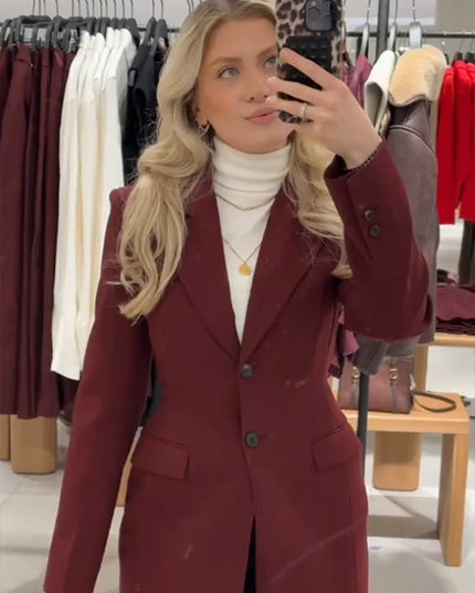 Burgundy Long Blazer Coats Women Elegant Single Breasted Long Sleeve Shoulder Pads Suits Jacket Female Spring Tailored Outwear