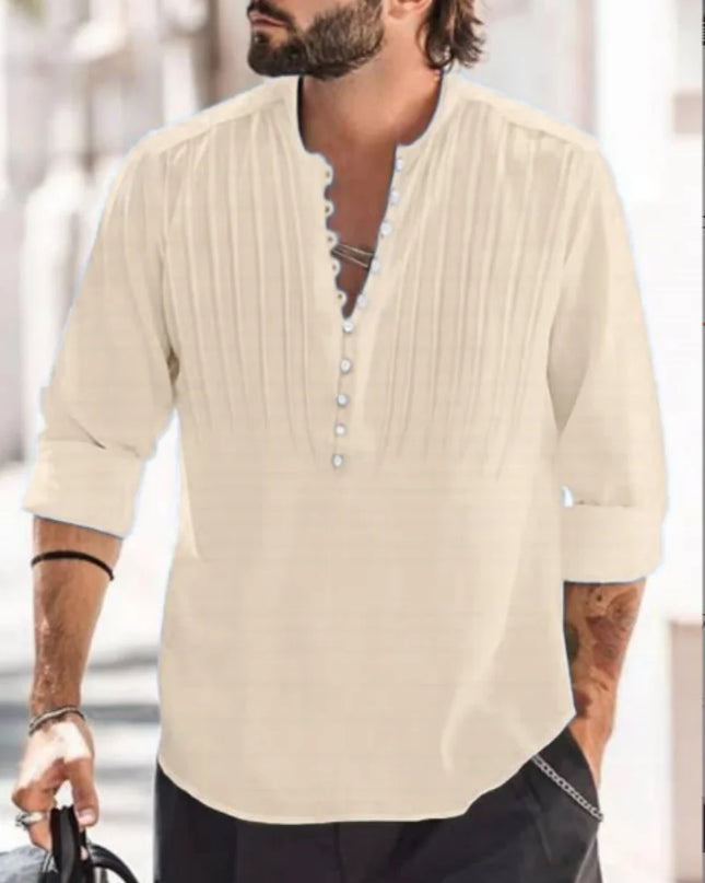 2024 New Men's Bandage Round Collar High Quality Shirt Men's Solid Color Cotton Folding Casual Slim Long-Sleeved Shirt