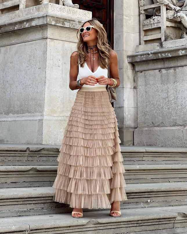 Summer Spring Women’s Multilayer Ruffles Tulle Skirt Pleated High Waist Fluffy Maxi Skirt Fairy Cake Dress Long Tutu Party Skirt