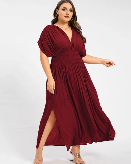 2025 New plus size V-neck dress, fashionable orange chiffon women's dress, summer elegant batwing sleeve women's long dress