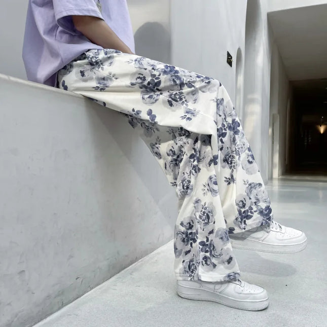 Summer Flower Pants Men Oversized Printed Wide Leg Pants Men Streetwear Korean Loose Straight Casual Pants Mens Trousers M-3XL