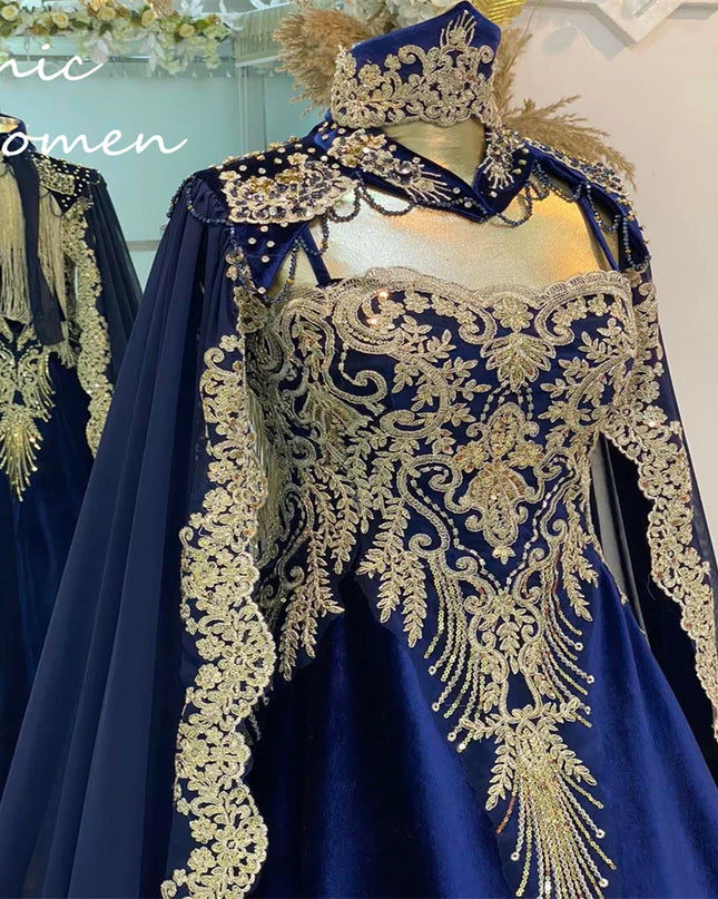 Luxury Kaftan Moroccan Evening Dress Elegant Emerald Muslim Prom Gown With Cape Appliques Dubai Abaya Formal Hochzeit Customized