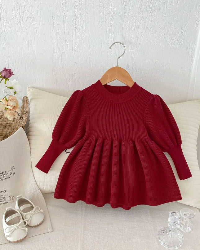 6223  Girls' Knitted Sweaters Dress 2024 Autumn Winter Baby Girls' Fashion Bubble Sleeve Knitted Tops Dress