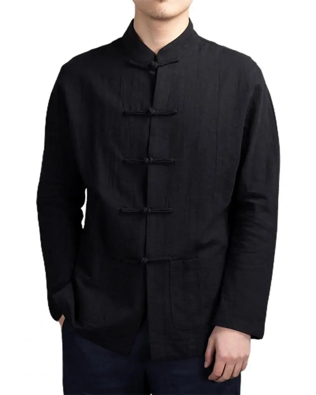 Solid Color Stand-up Collar Shirt Traditional Chinese Style Men's Shirt with Mandarin Collar Long Sleeve Featuring for Kung