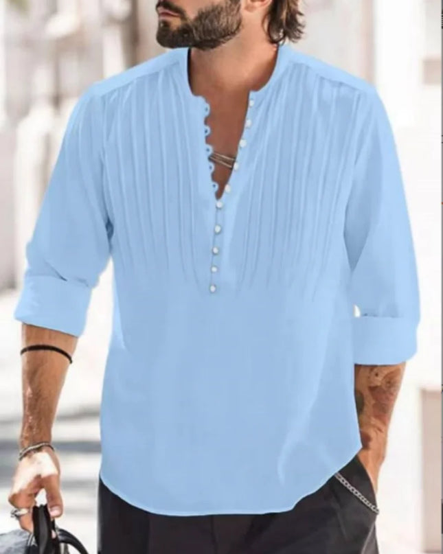 2024 New Men's Bandage Round Collar High Quality Shirt Men's Solid Color Cotton Folding Casual Slim Long-Sleeved Shirt