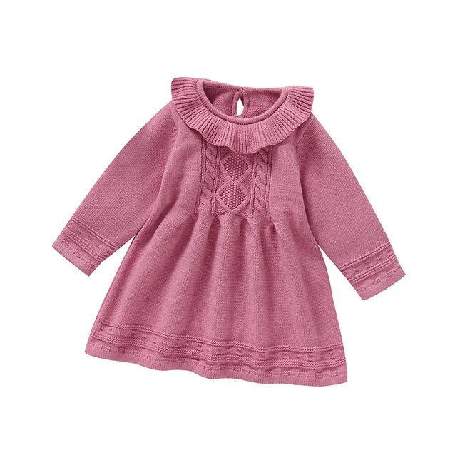 Solid Color Doll Collar Long Sleeve Baby Girls Knee-length Dresses Knitted Acrylic 6-36 Months Infant Soft Princess Skirts