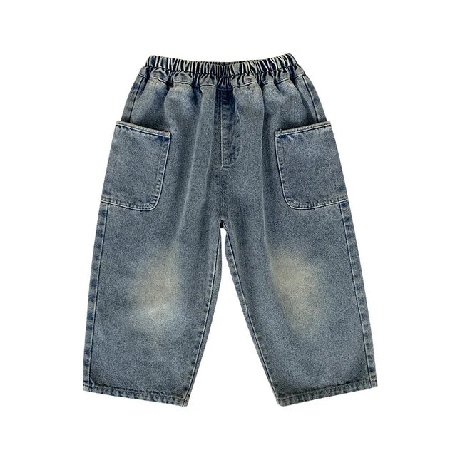 2024 Spring Autumn Kid Boys Denim Pants Side Pocket Polished White Children Boys Pants Elastic Waist Casual Baby Boys Trousers