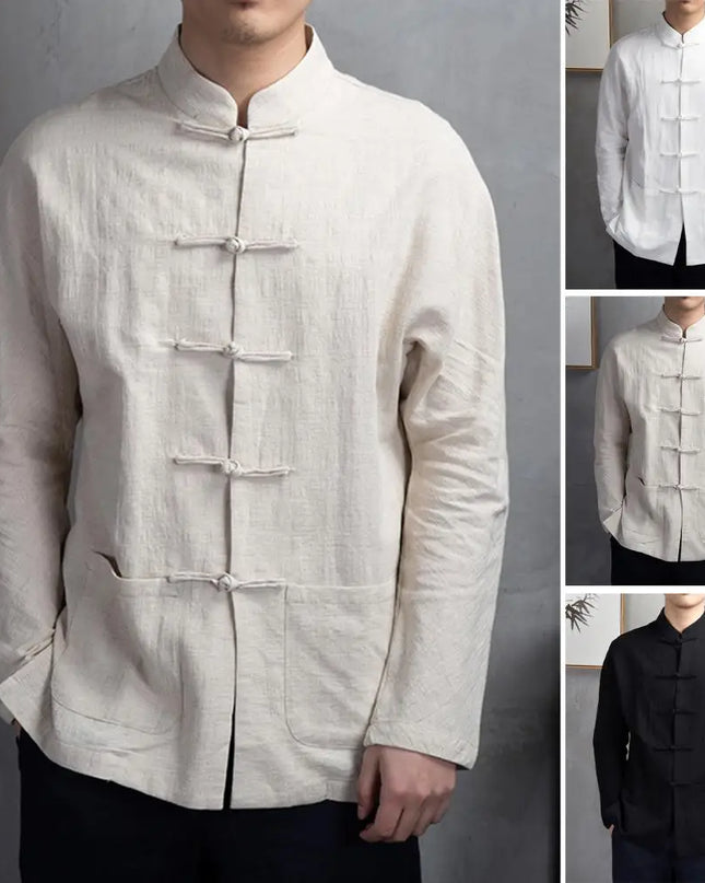 Solid Color Stand-up Collar Shirt Traditional Chinese Style Men's Shirt with Mandarin Collar Long Sleeve Featuring for Kung