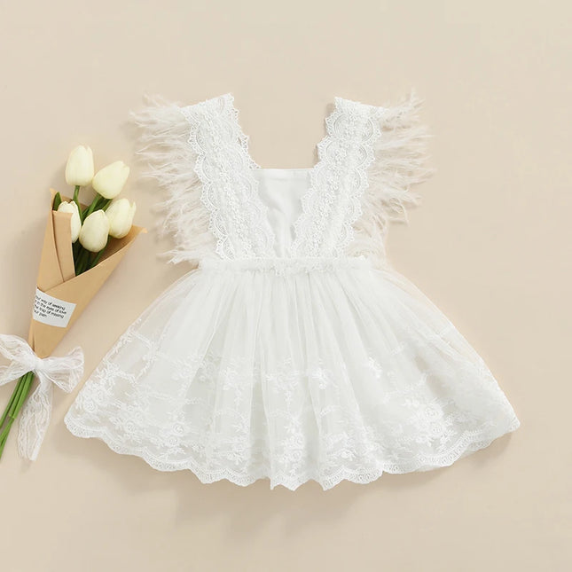 Summer Newborn Baby Girls Lace Crochet Dresses Ruffle Feather Princess Tulle Tutu Dress Birthday Party Outfit