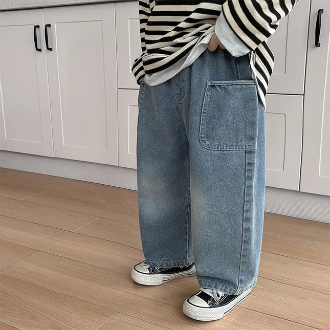 2024 Spring Autumn Kid Boys Denim Pants Side Pocket Polished White Children Boys Pants Elastic Waist Casual Baby Boys Trousers