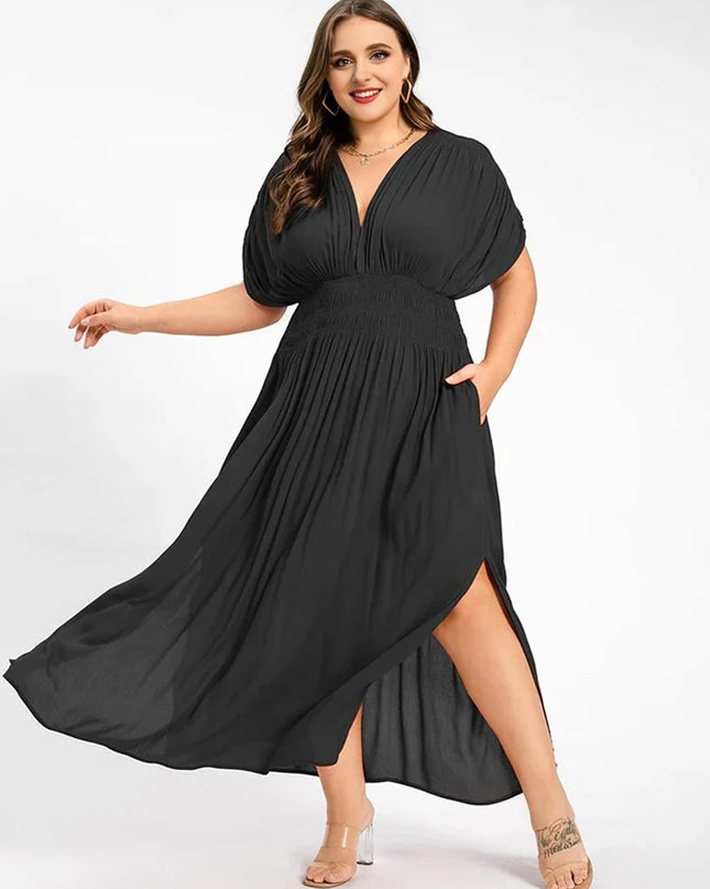 2025 New plus size V-neck dress, fashionable orange chiffon women's dress, summer elegant batwing sleeve women's long dress