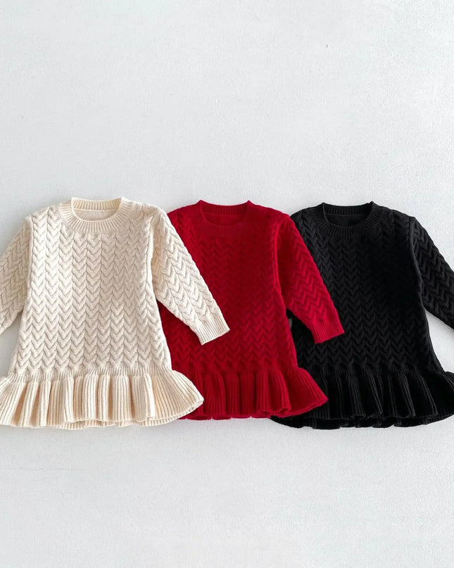 Autumn and Winter Korean New Girls Sweater Dress Children Twists Round Neck Long Sleeve Warm Knitted Ruffles Dress