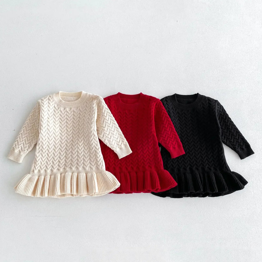 Autumn and Winter Korean New Girls Sweater Dress Children Twists Round Neck Long Sleeve Warm Knitted Ruffles Dress