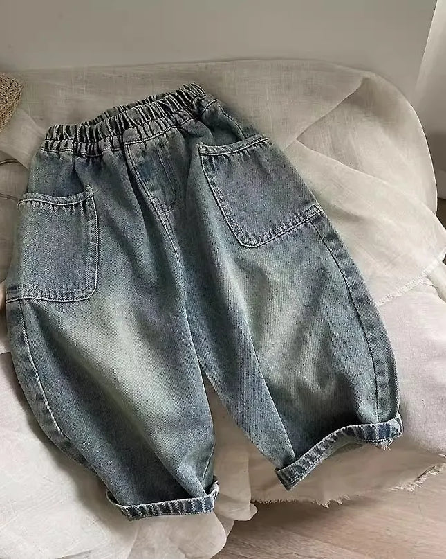 2024 Spring Autumn Kid Boys Denim Pants Side Pocket Polished White Children Boys Pants Elastic Waist Casual Baby Boys Trousers