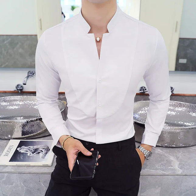 2024 Spring 3 Color Stand Collar Shirt High Quality Men Long Sleeve Slim Fit Casual Shirt Black White Red Business Dress Shirts