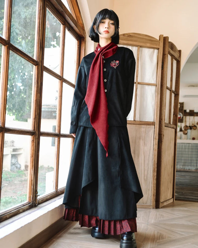 New Chinese Style National Style Autumn And Winter Double Layered Pleating Black Red Maxi Dress A-line Skirt