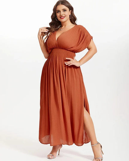 2025 New plus size V-neck dress, fashionable orange chiffon women's dress, summer elegant batwing sleeve women's long dress