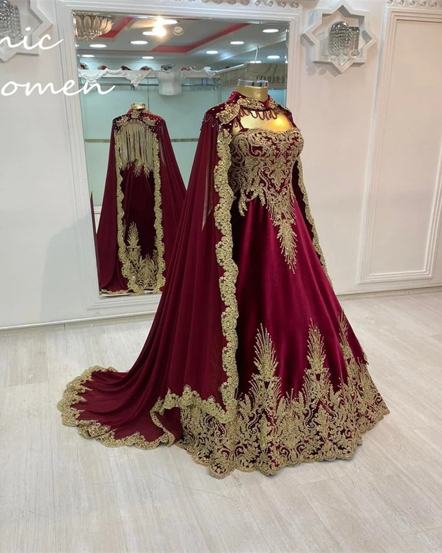 Luxury Kaftan Moroccan Evening Dress Elegant Emerald Muslim Prom Gown With Cape Appliques Dubai Abaya Formal Hochzeit Customized