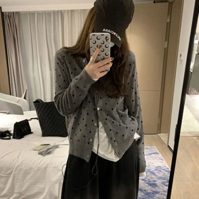 Polka dot knitted cardigan ins women's spring and autumn new style layered design sense versatile slimming long sleeved top