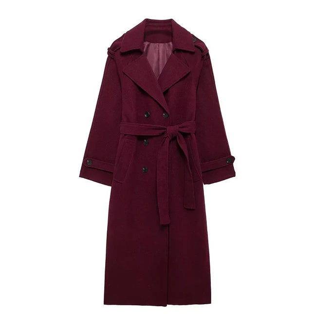 Elegant Faux Wool Long Coats With Belts 2024 Autumn Winter Women's Lapel Overcoat Chic Double Breasted Lady Jacket High Ste=reet