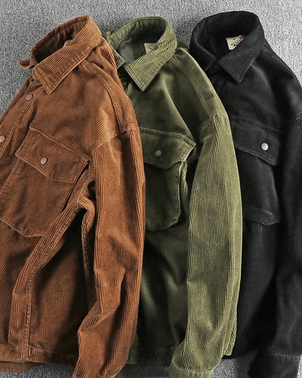 Autumn and winter thick wash corduroy long sleeve shirt men's retro trend cargo big pocket solid color casual coat