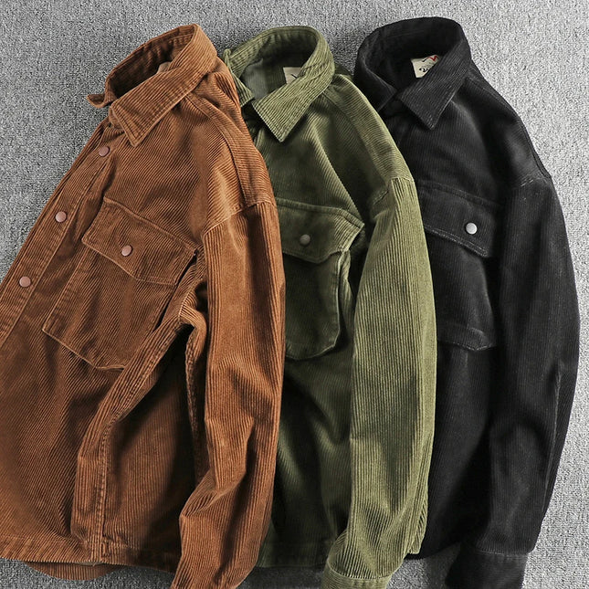 Autumn and winter thick wash corduroy long sleeve shirt men's retro trend cargo big pocket solid color casual coat