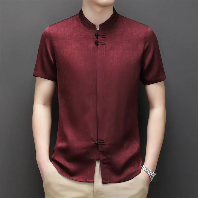 High Quality Burgundy Silk Shirts For Mens Mandarin Collar Claret Chinese Clothing Mens Summer Smooth Blue Blouse Husband Father