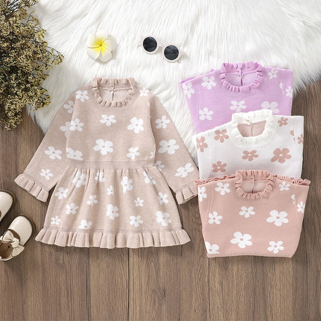 2024-06-13 Lioraitiin Toddler Kids Girl Long Sleeve Dress Casual Floral Print Ruffle Sweater A-Line Dress Baby Spring Clothes