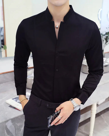 2024 Spring 3 Color Stand Collar Shirt High Quality Men Long Sleeve Slim Fit Casual Shirt Black White Red Business Dress Shirts